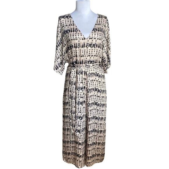 LAVENDER BROWN Ikat Print Belted Wide Leg Flutter Sleeve Jumpsuit Size M Black - Picture 1 of 13